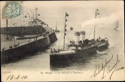 Ak Dieppe in Seine Maritime, Le Steamer Thames, Leuchtturm