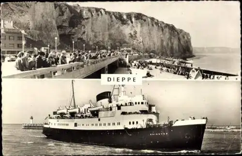 Ak Dieppe Seine Maritime, Strand und Klippen, Ozeandampfer Brighton