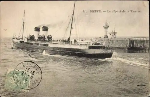 Ak Dieppe Seine Maritime, Die Abfahrt der Themse, Linienschiff, Leuchtturm