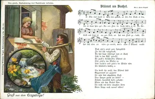 Lied Ak Vogel, Wilhelm, Blümel un Bachel, Erzgebirge, Liebespaar