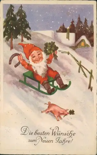 Ak Glückwunsch Neujahr, Zwerg auf Schlitten, Schwein, Klee, Hufeisen