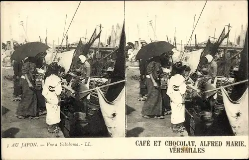 Stereo Ak Yokohama Präf. Kanagawa Japan, Fischhändler im Hafen, Frauen, Kinder