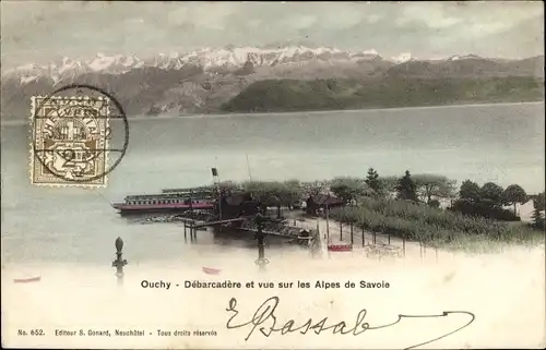 Ak Ouchy Lausanne Kanton Waadt, Anlegestelle und Blick auf die Savoyer Alpen