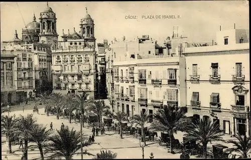 AK Cadiz Andalusien Spanien, Plaza de Isabel II, Palmen, Kirche