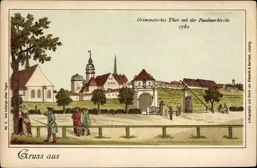 Litho Leipzig, Grimmaisches Tor mit der Paulinerkirche um 1780