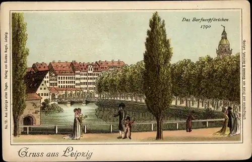 Litho Leipzig, Ansicht vom Barfußpförtchen um 1790