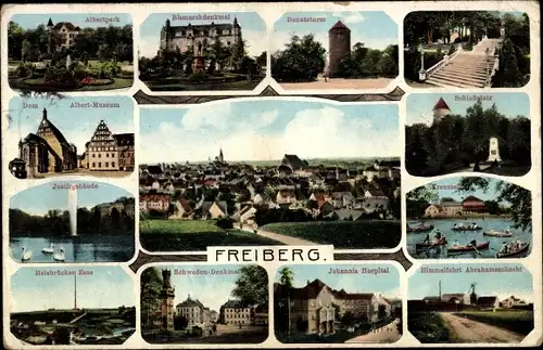 Ak Freiberg in Sachsen, Dom, Schlossplatz, Johannis Hospital, Donatsturm, Panorama, Halsbrücker Esse