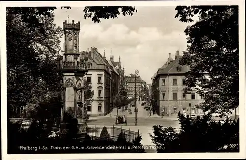 Ak Freiberg in Sachsen, Schwedendenkmal mit Peterstraße