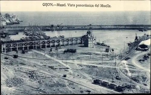 Ak Musel Gijón Asturien Spanien, Panoramablick auf den Pier