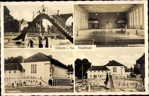 Ak Döbeln in Mittelsachsen, Stadtbad, Wasserrutsche, Schwimmbad, Terrassenhof