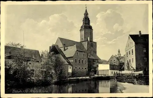 Ak Döbeln in Sachsen, St. Nikolaikirche, Außenansicht, Flussstufe, Rathausturm