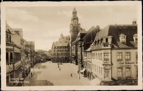 Ak Döbeln in Sachsen, Hindenburg-Platz, Kirchturm, Turmuhr, Carl Schmidt`s, Leihbibliothek