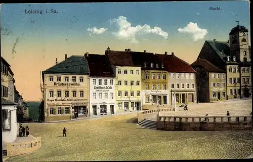 Ak Leisnig in Sachsen, Markt, Kräutergewölbe, Konditorei und Café