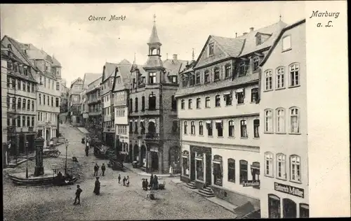 Ak Marburg an der Lahn, Oberer Markt, Turm, Denkmal, Passanten