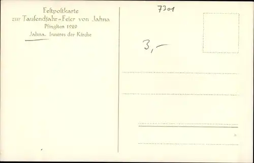 Ak Jahna Ostrau im Landkreis Mittelsachsen, Inneres der Kirche, 1000jh Feier 1929