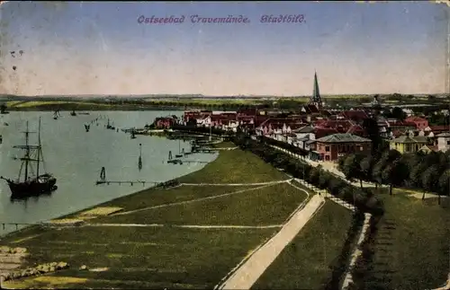 Ak Travemünde Lübeck Schleswig Holstein, Panorama von Stadt und Umgebung, Segelschiff