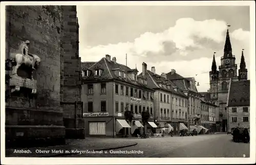Ak Ansbach in Mittelfranken Bayern, Oberer Markt, Kriegerdenkmal, Gumbertuskirche