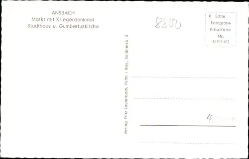 Ak Ansbach in Mittelfranken, Markt, Kriegerdenkmal, Stadthaus, Gumbertuskirche