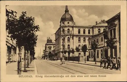 Ak Belgrad Beograd Serbien, König Alexanderstraße mit dem alten und neuen Konac