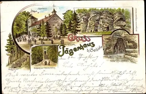 Litho Sehlde Niedersachsen, Jägerhaus, Aufgang zum Restaurant, Relief S. Hubertus
