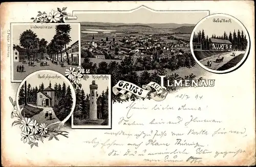 Litho Ilmenau im Ilm Kreis Thüringen, Gabelbach, Lindenstraße, Goethehäuschen, Kickelhahn