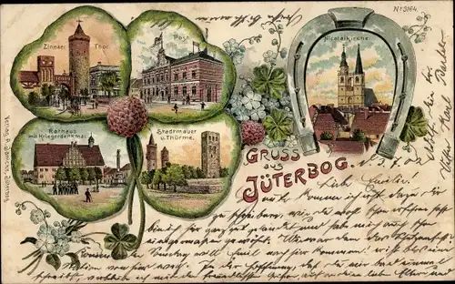 Litho Jüterbog in Brandenburg, Zinnaer Tor, Post, Rathaus, Kriegerdenkmal, Nicolaikirche