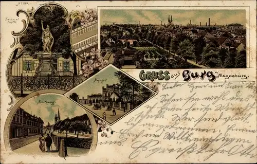 Litho Burg bei Magdeburg, Breiter Weg, Bahnhof, Gesamtansicht, Denkmal