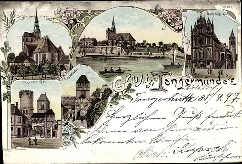 Litho Tangermünde an der Elbe, St. Stephans Kirche, Rathaus, Neustädter Tor, Rosspforte