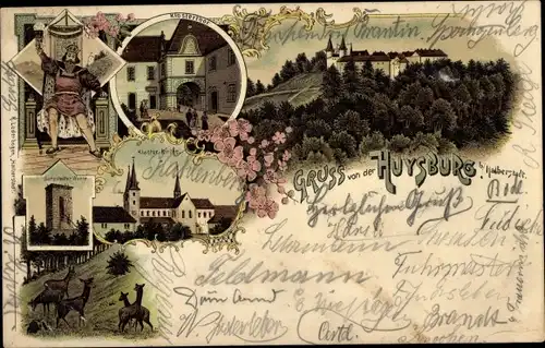 Litho Huy am Harz, Huysburg, Klosterhof, Klosterkirche, Rehe, Sargstedter Warte