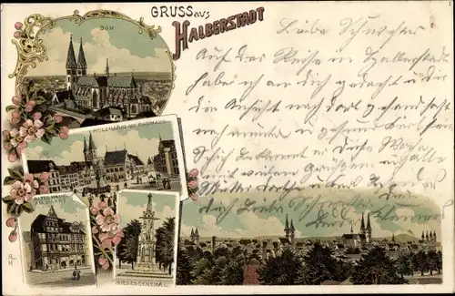 Litho Halberstadt am Harz, Dom, Holzmarkt, Rathaus, Altes Haus am Markt, Siegesdenkmal