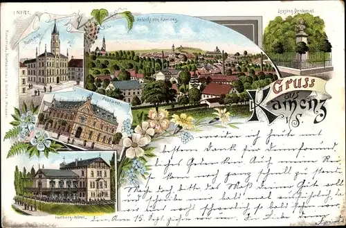 Litho Kamenz im Kreis Bautzen, Rathaus, Postamt, Hutberg Hotel, Lessing Denkmal, Glückwunsch Neujahr