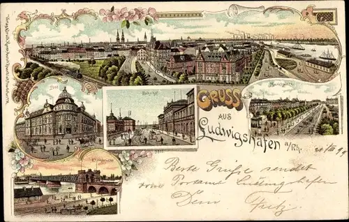 Litho Ludwigshafen am Rhein, Panorama, Post, Bahnhof, Rheinbrücke, Marktplatz