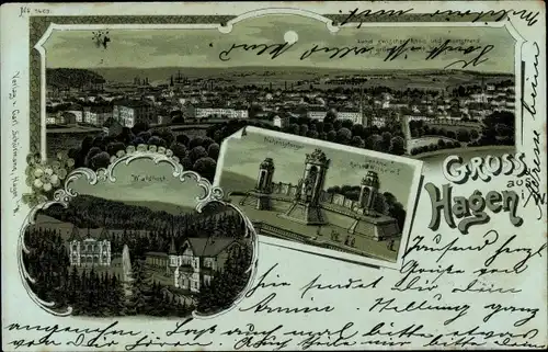 Mondschein Litho Hagen in Westfalen, Waldlust, Hohensyburg, Denkmal Kaiser Wilhelm I.