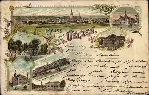 Litho Uelzen in Niedersachsen, Gesamtansicht, Kriegerdenkmal, Töchterschule, Post