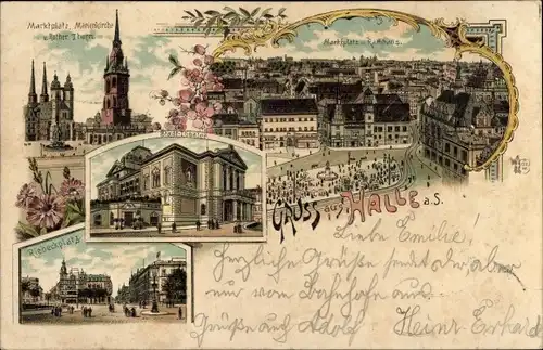 Litho Halle an der Saale, Marktplatz, Marienkirche, Rathaus, Theater, Riebeckplatz