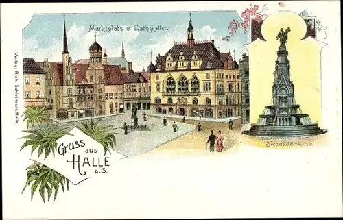 Litho Halle an der Saale, Marktplatz, Ratskeller, Siegesdenkmal