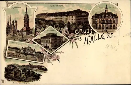 Litho Halle an der Saale, Marktplatz, Franke Stiftung, Neues Rathaus, Universität, Schloss, Bahnhof