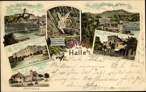 Litho Halle Saale, Burg Giebichenstein, Moritzburg, Reilsburg v. d. Bergschänke, Bad Wittekind