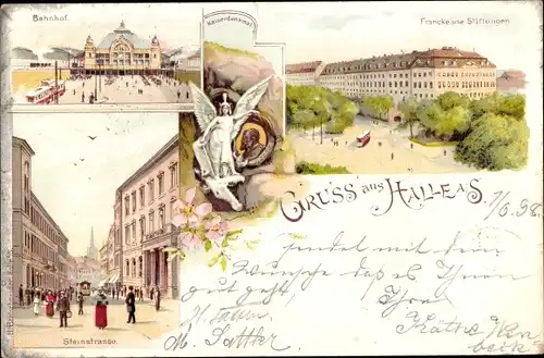 Litho Halle an der Saale, Bahnhof, Kaiserdenkmal, Frankesche Stiftung, Steinstraße