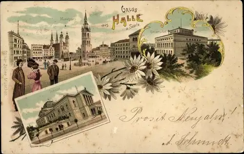 Litho Halle an der Saale, Marktplatz, Universität, Theater