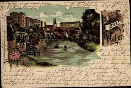 Litho Halle an der Saale, Moritzburg, neue Saalebrücke