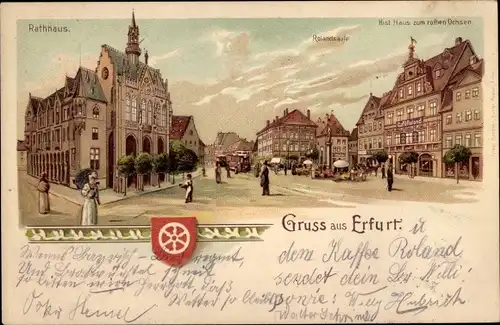 Litho Erfurt in Thüringen, Rathaus, Rolandsäule, Hist. Haus zum rothen Ochsen