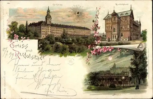 Litho Rudolstadt in Thüringen, Schloss, Rudolsbad, Anger, Sonne