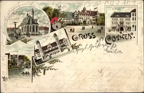 Litho Köthen in Anhalt, Rathaus, Kirche, Kriegerdenkmal, Schloss