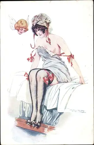 Künstler Ak Pepin, Maurice, Frau im Unterkleid mit Strümpfen, Busen