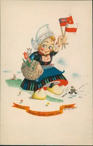 Künstler Ak Mädchen in niederländischer Tracht, Fahnen, Tulpen
