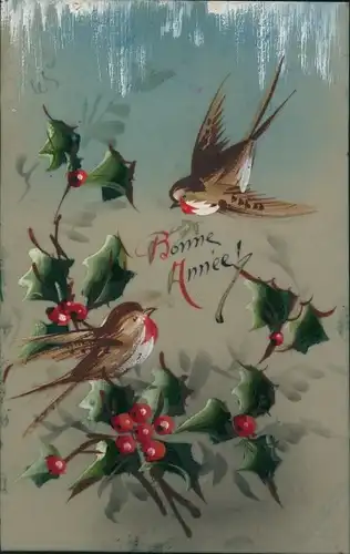Zelluloid Ak Glückwunsch Neujahr, Vögel, Stechpalme