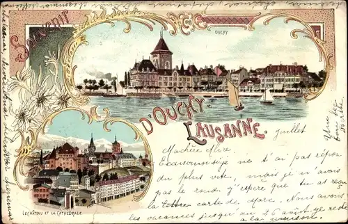Litho Ouchy Lausanne Kanton Waadt, Stadtblick, Schloss, Kathedrale