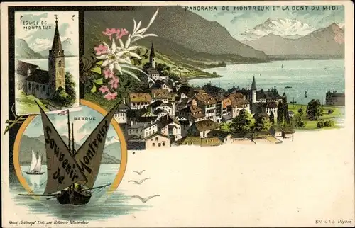 Litho Montreux Kanton Waadt Schweiz, Teilansicht, Kirche, Fischerboot