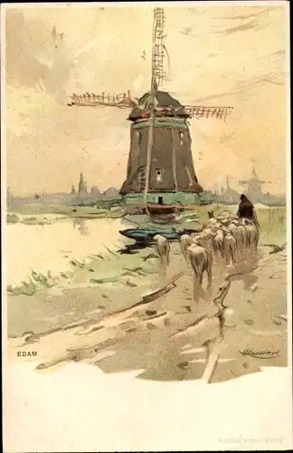 Künstler Litho Cassiens, H., Edam Volendam Nordholland Niederlande, Windmühle, Schafherde